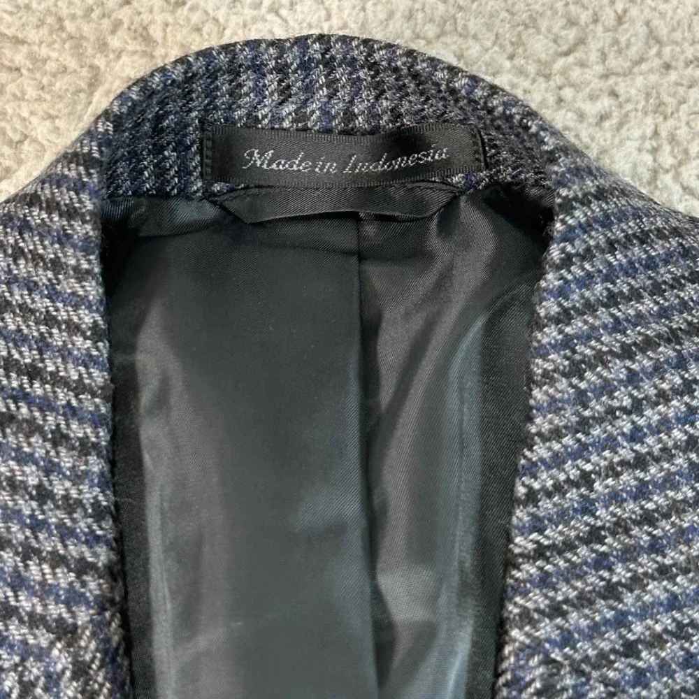 Chaps Mens 40R‎ Wool Blazer Sport Coat Blue Houndstooth Elbow Patches 100% Wool